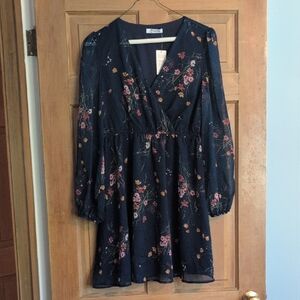 Cupshe Floral Long Sleeve Dress - Navy and Pink